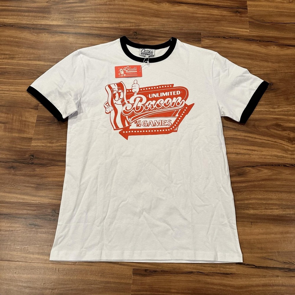 Chuckle Sandwich Shirt Mens Small White Unlimited Bacon Graphic Ringer Tee Humor